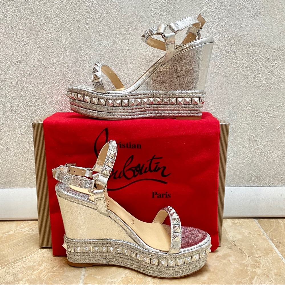 CHRISTIAN LOUBOUTIN Silver Pyraclou Studded Wedges